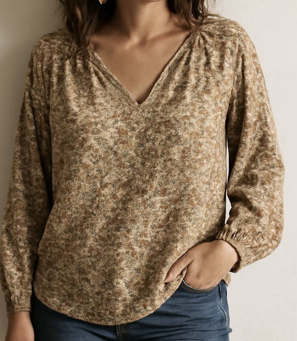 Chaps Gauzy Tan Floral Cotton Ruffle Sleeve Blouse PXL Peasant Boho Cottagecore